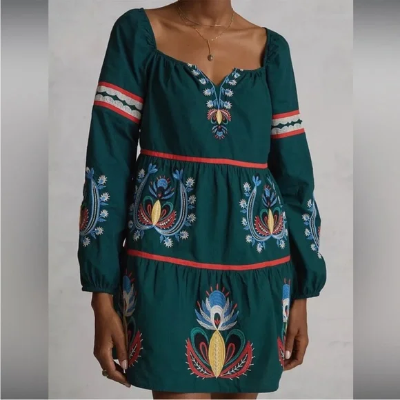 Anthropologie Let Me Be Embroidered Tunic Dress S Green Long Sleeve